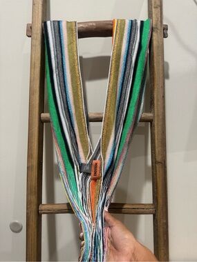 Missoni Green, Gold, Black & White Striped Knit Scarf